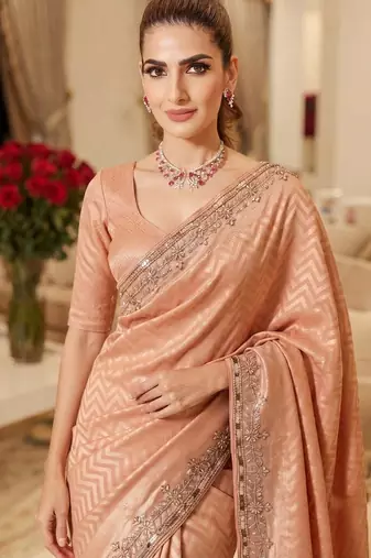 wedding wear pure kanjivarm silk blend beads work saree