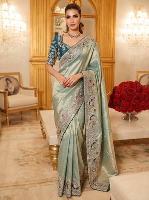 wedding wear pure kanjivarm silk blend heavy embroidery work saree 1