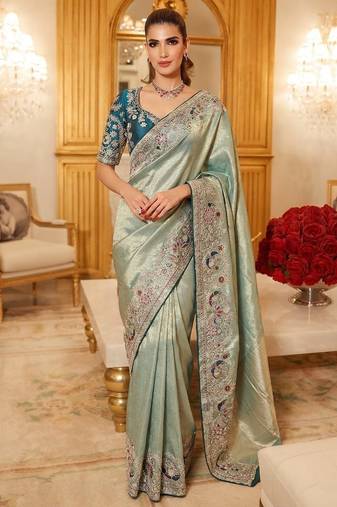 wedding wear pure kanjivarm silk blend heavy embroidery work saree
