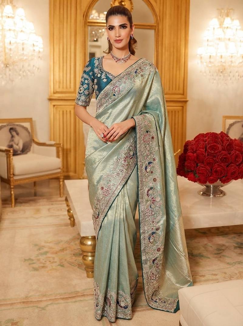 wedding wear pure kanjivarm silk blend heavy embroidery work saree