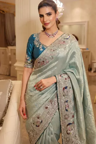 wedding wear pure kanjivarm silk blend heavy embroidery work saree