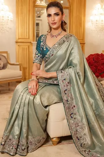wedding wear pure kanjivarm silk blend heavy embroidery work saree