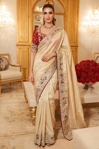 wedding wear pure kanjivarm silk blend heavy embroidery work saree