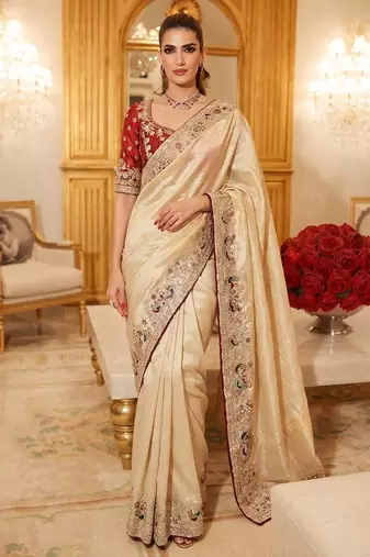 wedding wear pure kanjivarm silk blend heavy embroidery work saree