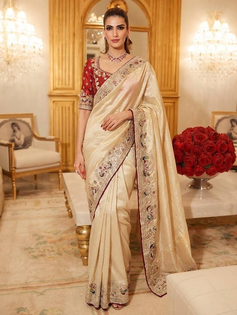 wedding wear pure kanjivarm silk blend heavy embroidery work saree