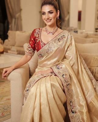 wedding wear pure kanjivarm silk blend heavy embroidery work saree 3