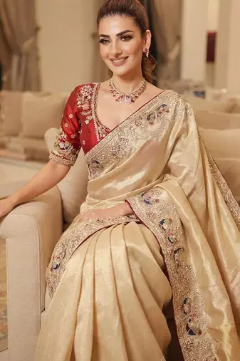wedding wear pure kanjivarm silk blend heavy embroidery work saree