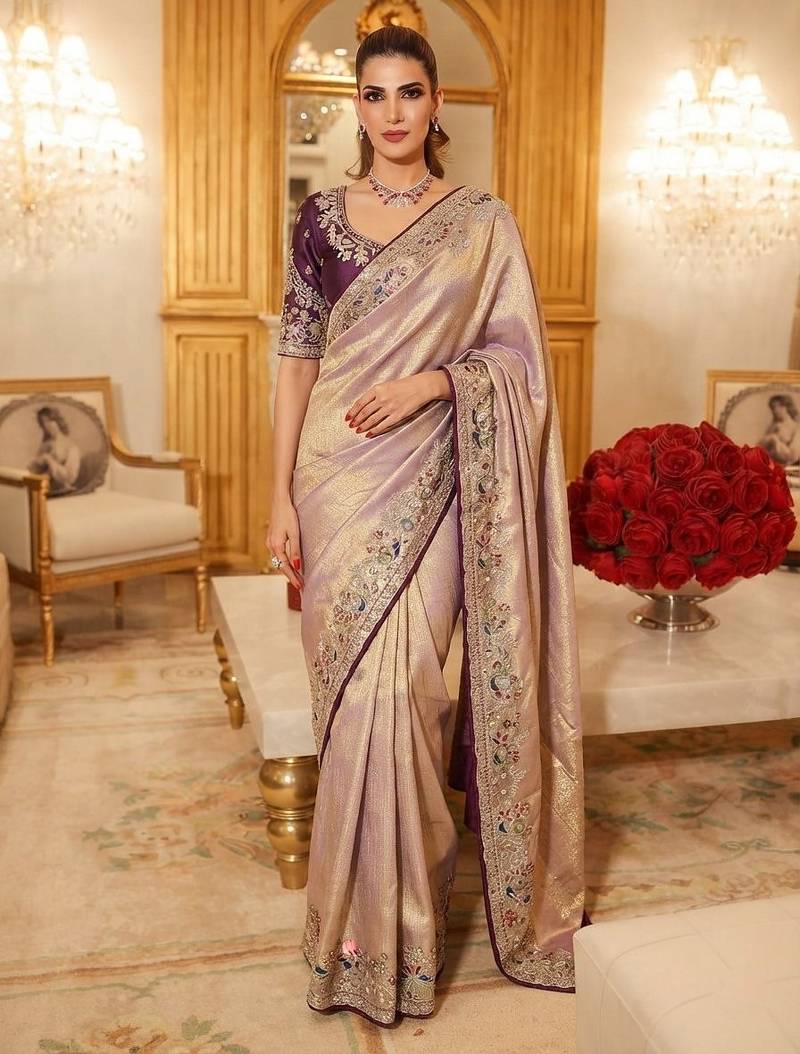 wedding wear pure kanjivarm silk blend heavy embroidery work saree