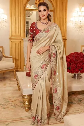 wedding wear pure kanjivarm silk blend heavy embroidery work saree