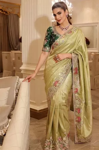 wedding wear pure kanjivarm silk blend heavy embroidery work saree