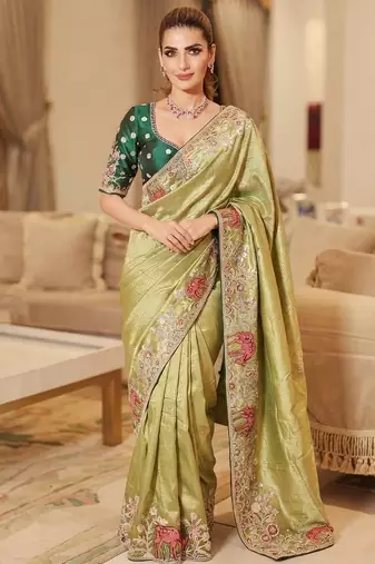 wedding wear pure kanjivarm silk blend heavy embroidery work saree