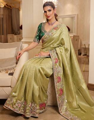 wedding wear pure kanjivarm silk blend heavy embroidery work saree 4