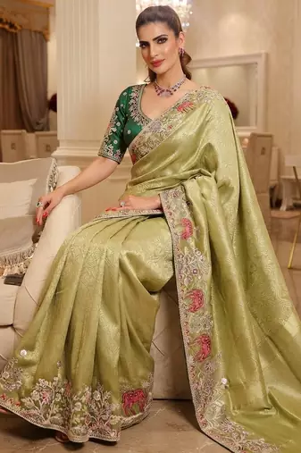 wedding wear pure kanjivarm silk blend heavy embroidery work saree