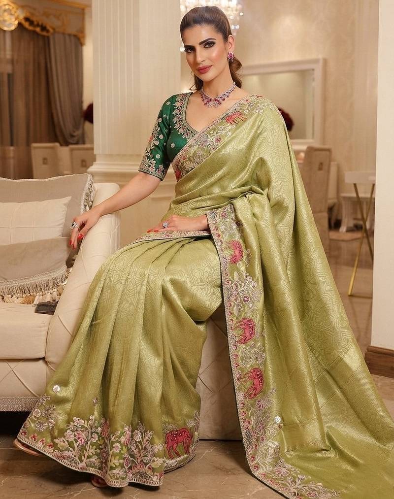 wedding wear pure kanjivarm silk blend heavy embroidery work saree