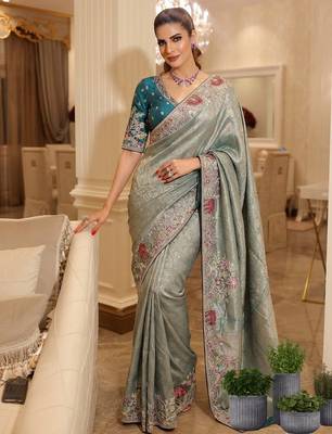 wedding wear pure kanjivarm silk blend heavy embroidery work saree 1