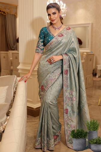 wedding wear pure kanjivarm silk blend heavy embroidery work saree