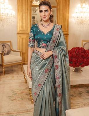 wedding wear pure kanjivarm silk blend heavy embroidery work saree 2