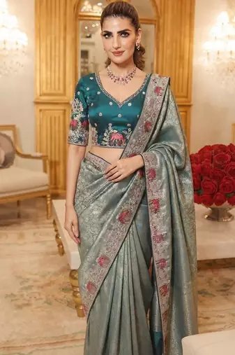 wedding wear pure kanjivarm silk blend heavy embroidery work saree