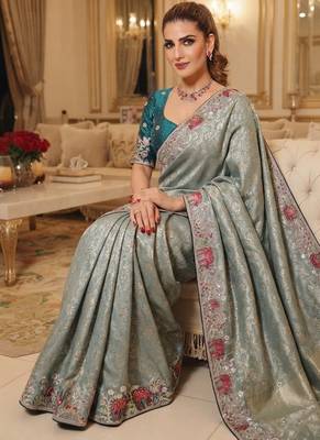 wedding wear pure kanjivarm silk blend heavy embroidery work saree 3