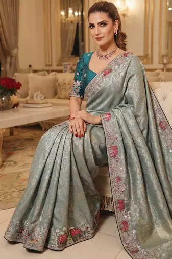 wedding wear pure kanjivarm silk blend heavy embroidery work saree