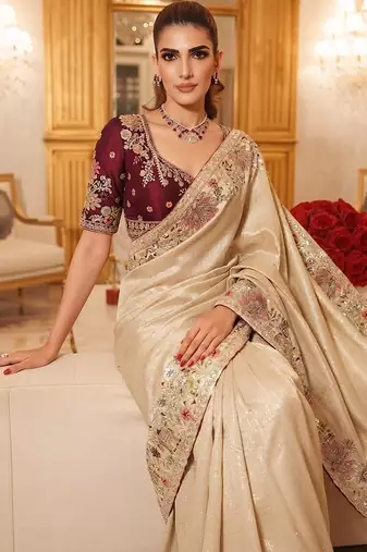 wedding wear pure kanjivarm silk blend heavy embroidery work saree