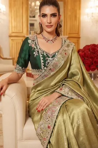 wedding wear pure kanjivarm silk blend heavy embroidery work saree