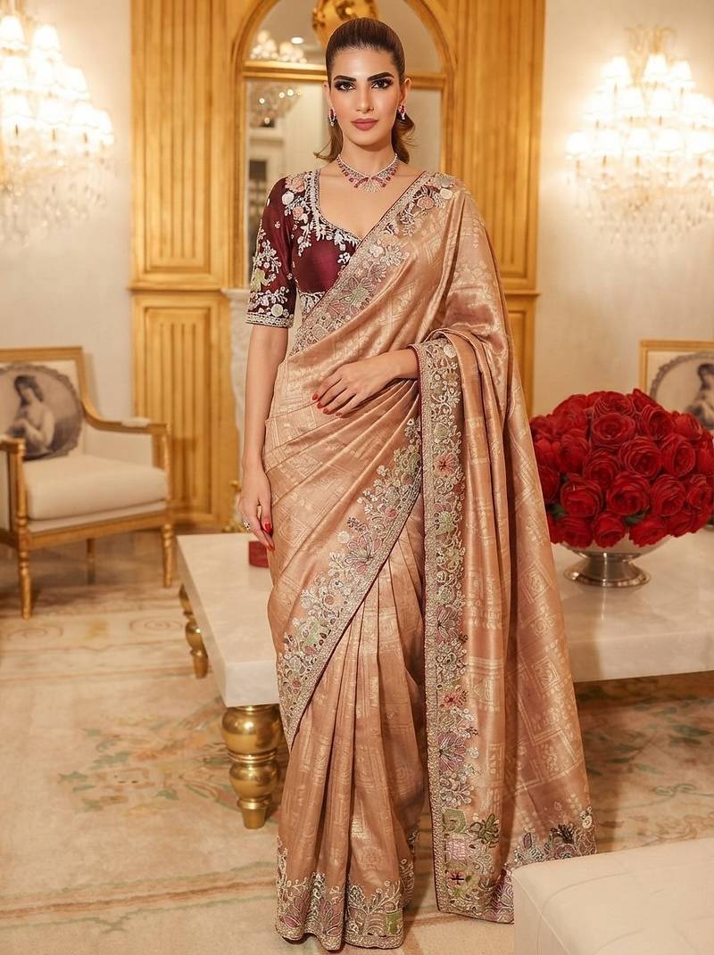 wedding wear pure kanjivarm silk blend heavy embroidery work saree