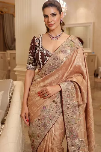 wedding wear pure kanjivarm silk blend heavy embroidery work saree