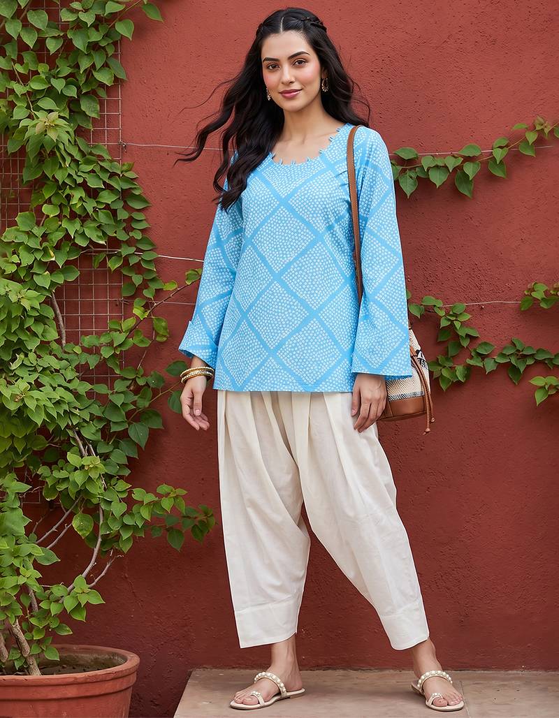Women’s blue polka dots printed top | stylish & trendy casual top for women | elegant western wear for casual look