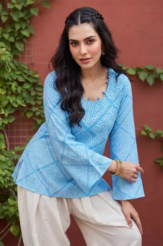 Women’s blue polka dots printed top | stylish & trendy casual top for women | elegant western wear for casual look
