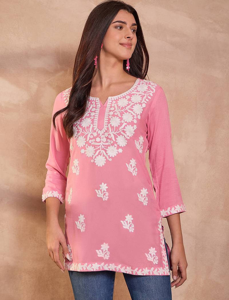 Women’s pink solid embroidered top | stylish & trendy casual top for women | elegant western wear for casual look