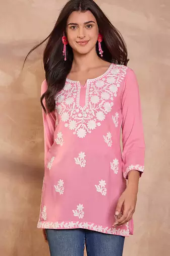Women’s pink solid embroidered top | stylish & trendy casual top for women | elegant western wear for casual look