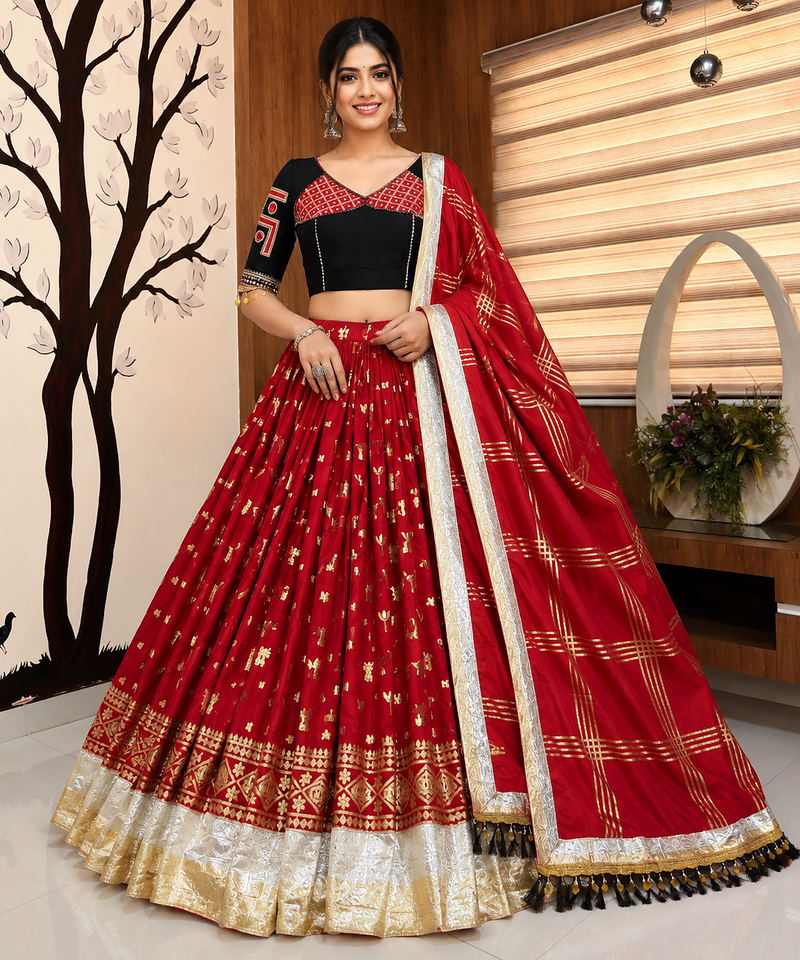 Muslin Cotton Chaniya Choli Set With Mirror Work And Lampi Lace