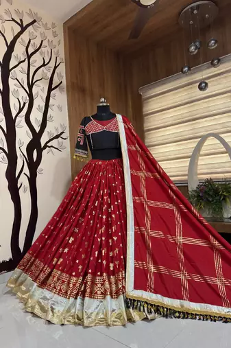 Muslin Cotton Chaniya Choli Set With Mirror Work And Lampi Lace