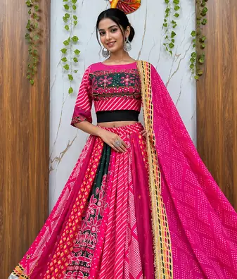 Muslin Cotton Chaniya Choli Set With Mirror Work And Latkan Lace