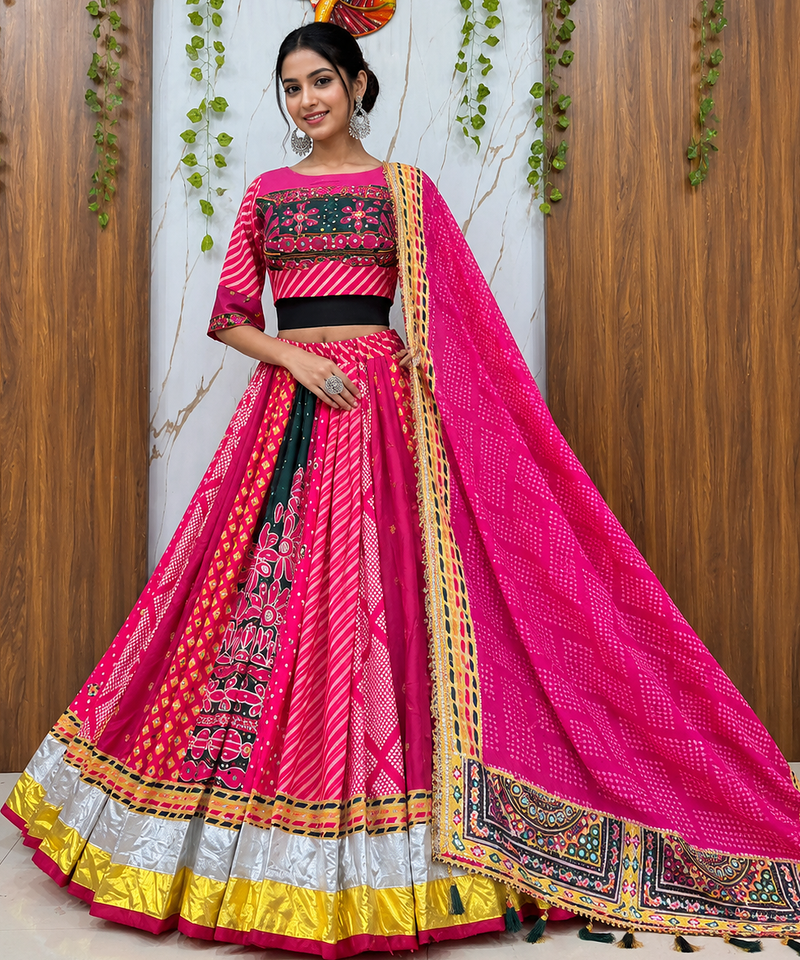 Muslin Cotton Chaniya Choli Set With Mirror Work And Latkan Lace