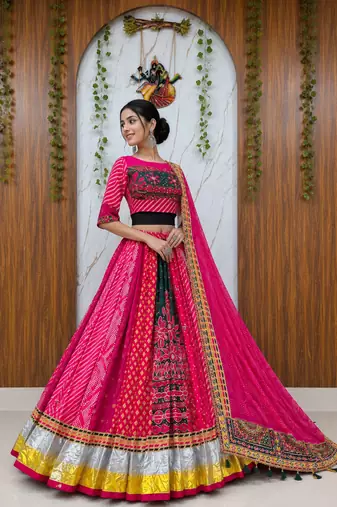 Muslin Cotton Chaniya Choli Set With Mirror Work And Latkan Lace