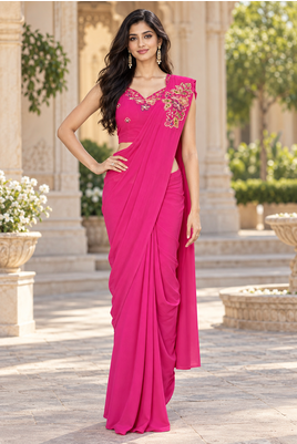 Women   s Georgette Floral Sequence With Embroidery Patch Ready to Wear Saree with Stitched Designer Sleeveless Blouse  1