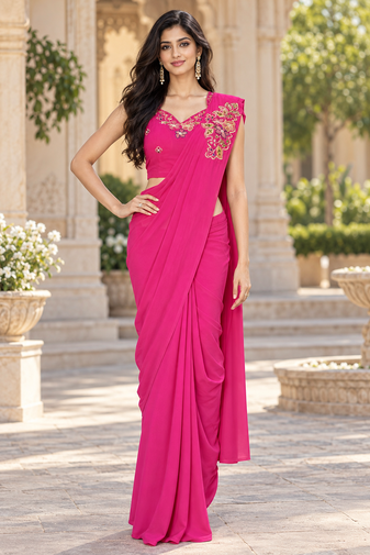 Women   s Georgette Floral Sequence With Embroidery Patch Ready to Wear Saree with Stitched Designer Sleeveless Blouse 