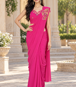 Women   s Georgette Floral Sequence With Embroidery Patch Ready to Wear Saree with Stitched Designer Sleeveless Blouse 