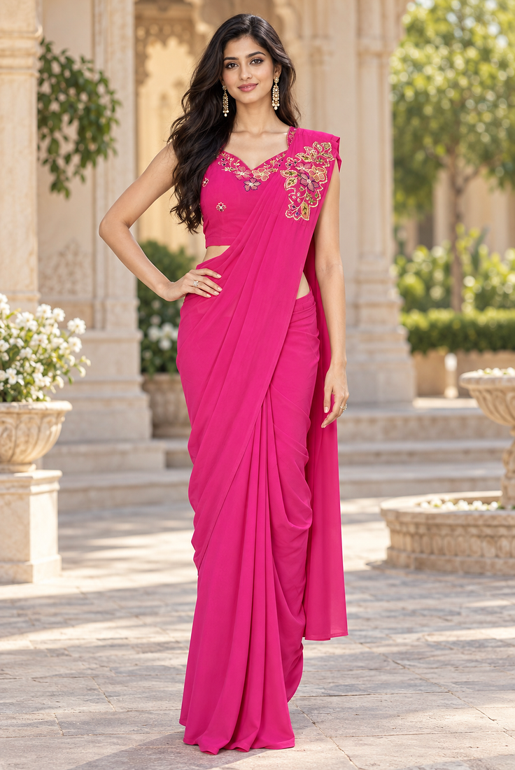 Women   s Georgette Floral Sequence With Embroidery Patch Ready to Wear Saree with Stitched Designer Sleeveless Blouse 