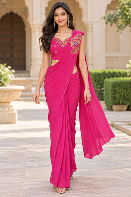 Women   s Georgette Floral Sequence With Embroidery Patch Ready to Wear Saree with Stitched Designer Sleeveless Blouse  2