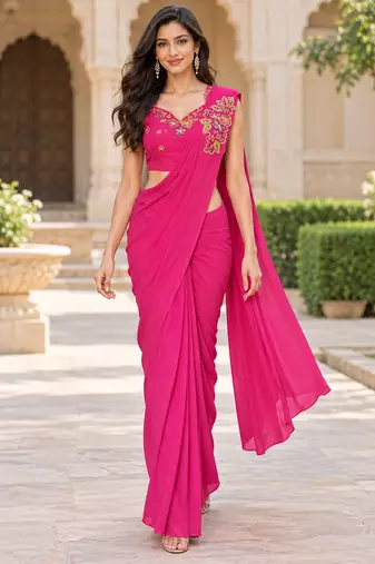 Women   s Georgette Floral Sequence With Embroidery Patch Ready to Wear Saree with Stitched Designer Sleeveless Blouse 