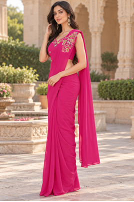Women   s Georgette Floral Sequence With Embroidery Patch Ready to Wear Saree with Stitched Designer Sleeveless Blouse  3