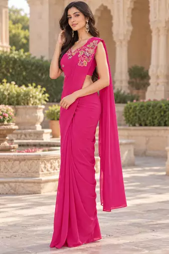 Women   s Georgette Floral Sequence With Embroidery Patch Ready to Wear Saree with Stitched Designer Sleeveless Blouse 