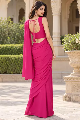 Women   s Georgette Floral Sequence With Embroidery Patch Ready to Wear Saree with Stitched Designer Sleeveless Blouse 