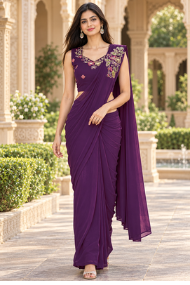 Women   s Georgette Floral Sequence With Embroidery Patch Ready to Wear Saree with Stitched Designer Sleeveless Blouse  1