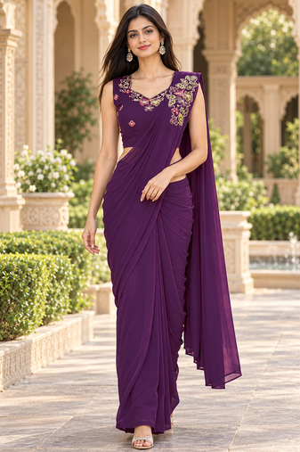 Women   s Georgette Floral Sequence With Embroidery Patch Ready to Wear Saree with Stitched Designer Sleeveless Blouse 