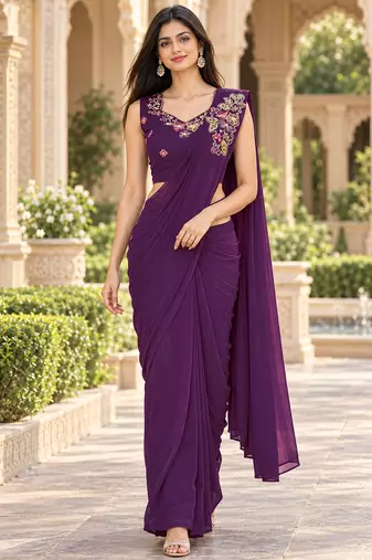 Women   s Georgette Floral Sequence With Embroidery Patch Ready to Wear Saree with Stitched Designer Sleeveless Blouse 