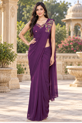 Women   s Georgette Floral Sequence With Embroidery Patch Ready to Wear Saree with Stitched Designer Sleeveless Blouse  2